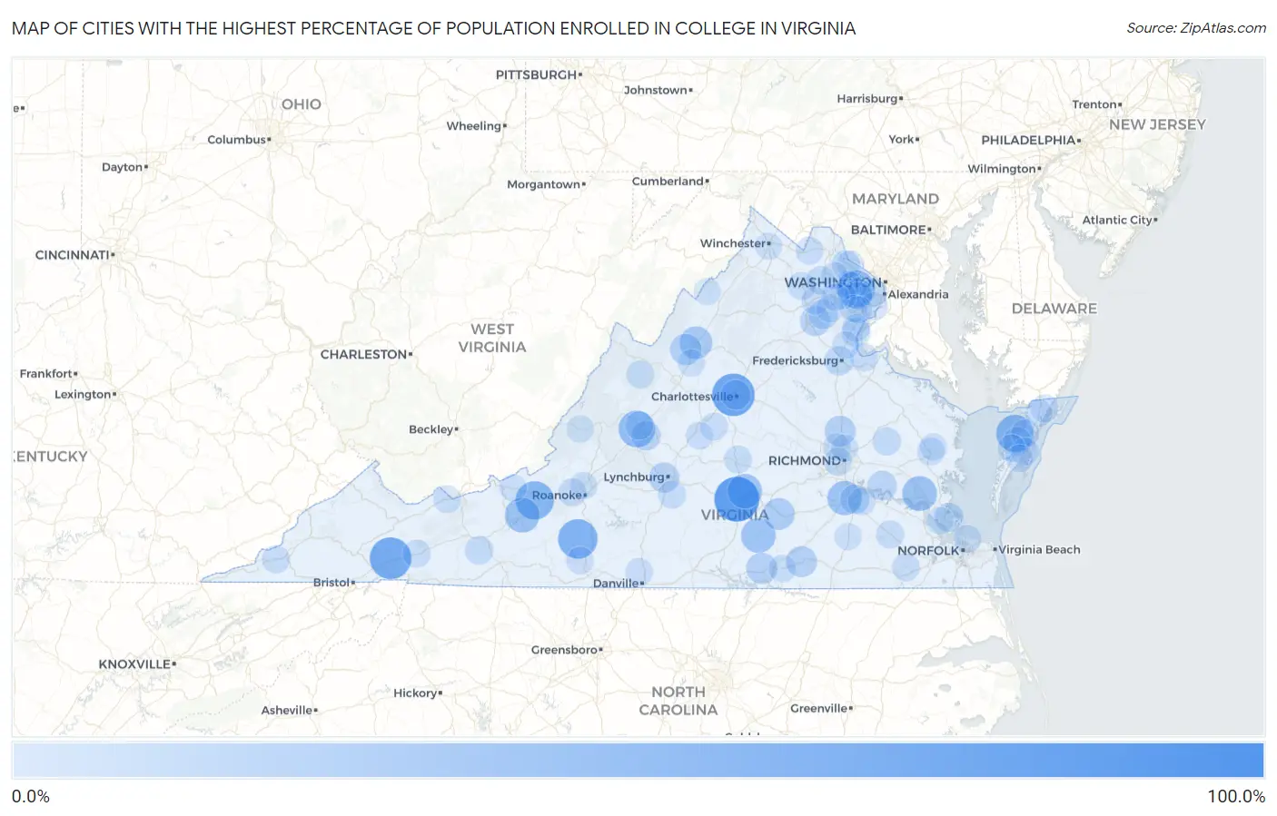 Cities with the Highest Percentage of Population Enrolled in College in Virginia Map