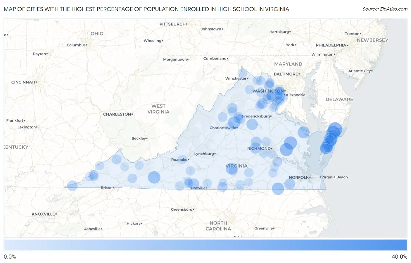 Cities with the Highest Percentage of Population Enrolled in High School in Virginia Map