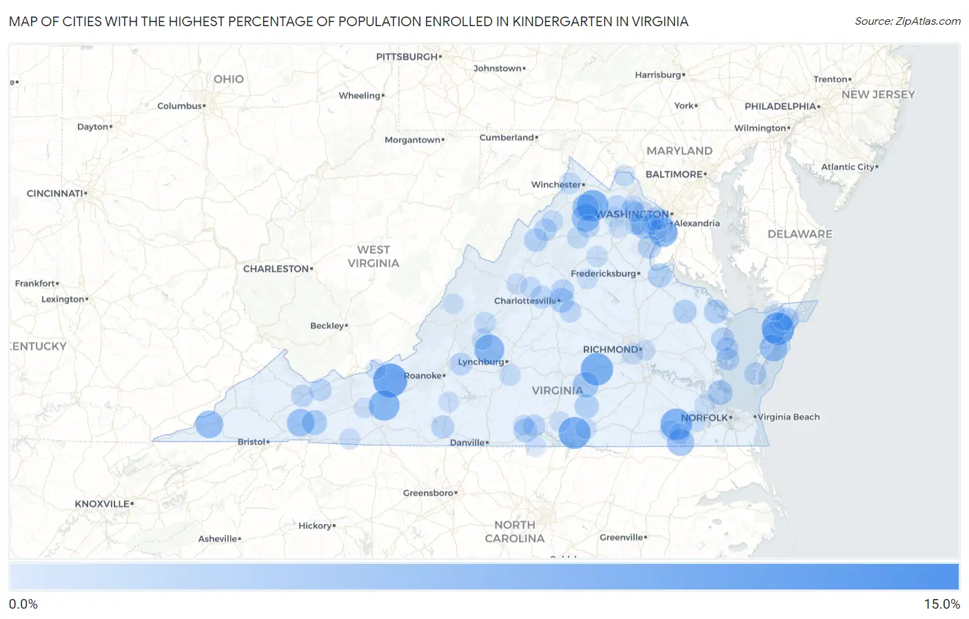 Cities with the Highest Percentage of Population Enrolled in Kindergarten in Virginia Map