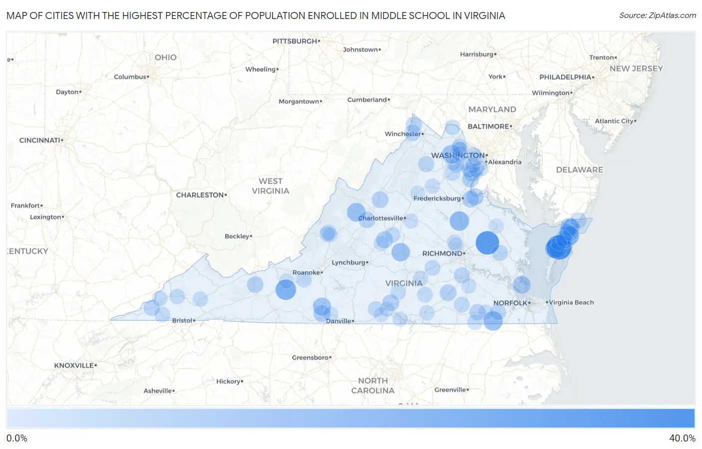 Cities with the Highest Percentage of Population Enrolled in Middle School in Virginia Map