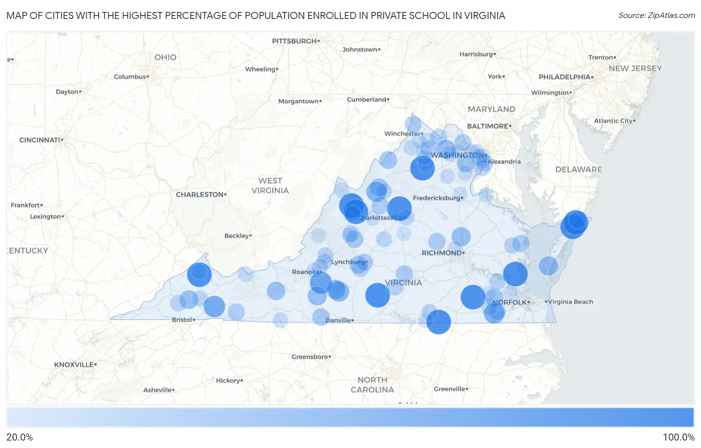 Cities with the Highest Percentage of Population Enrolled in Private School in Virginia Map