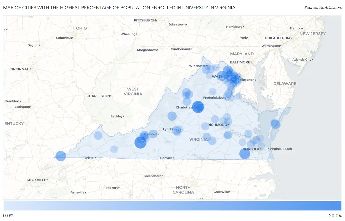 Cities with the Highest Percentage of Population Enrolled in University in Virginia Map