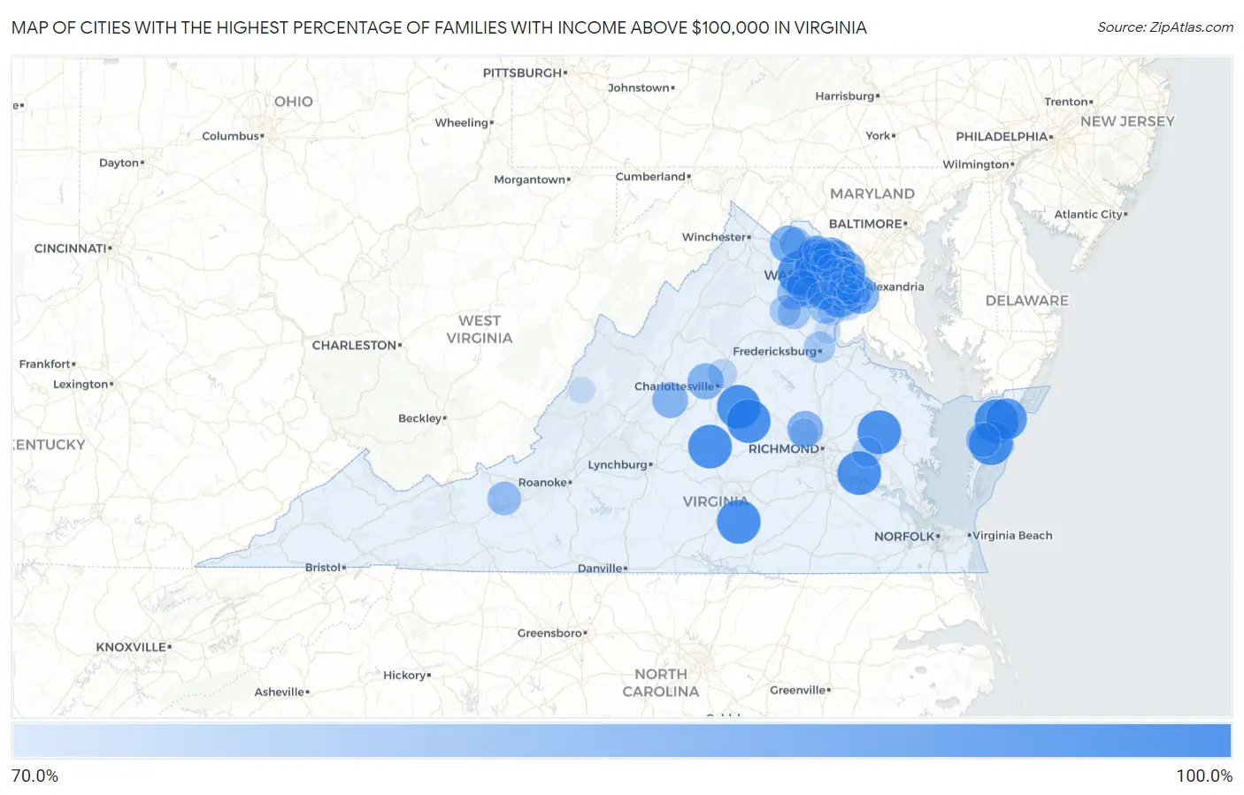 Cities with the Highest Percentage of Families with Income Above $100,000 in Virginia Map