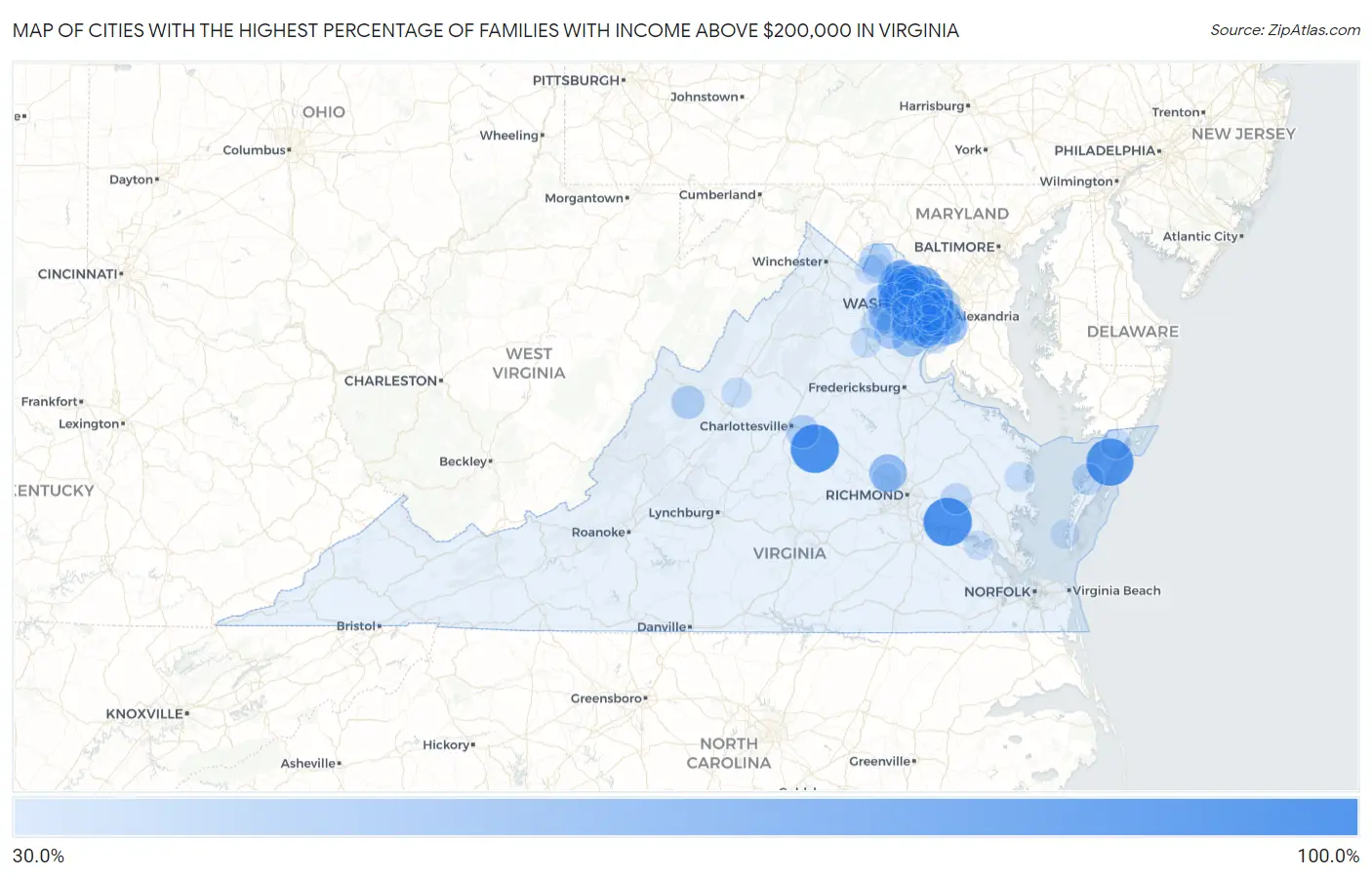 Cities with the Highest Percentage of Families with Income Above $200,000 in Virginia Map