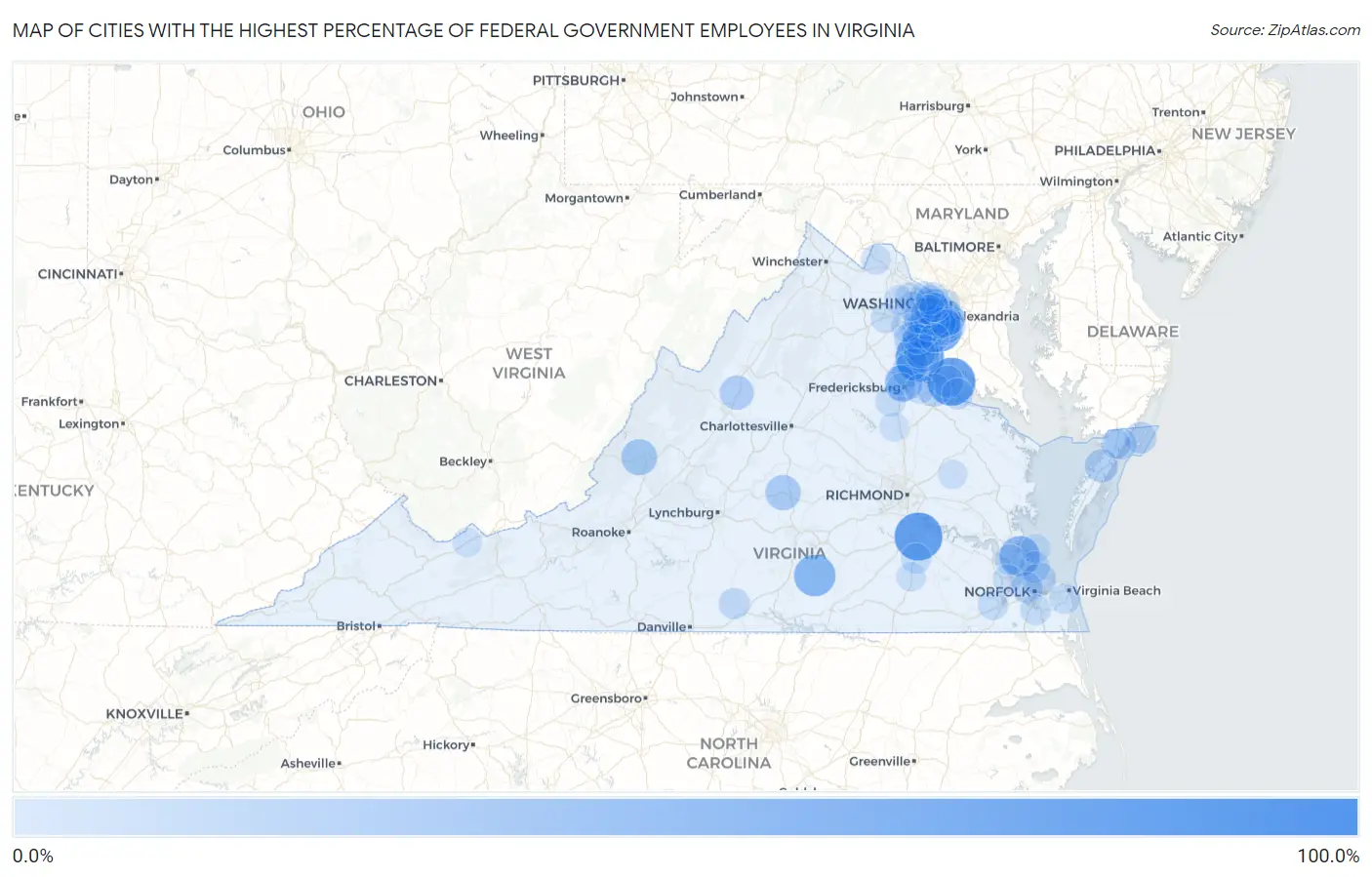 Cities with the Highest Percentage of Federal Government Employees in Virginia Map