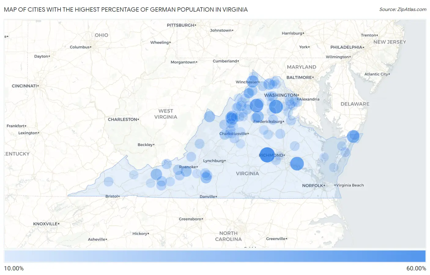 Cities with the Highest Percentage of German Population in Virginia Map