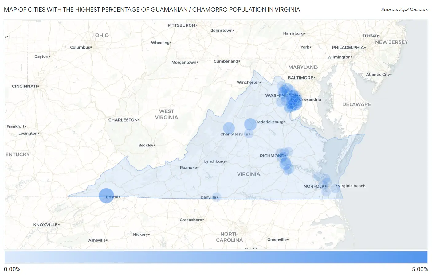 Cities with the Highest Percentage of Guamanian / Chamorro Population in Virginia Map