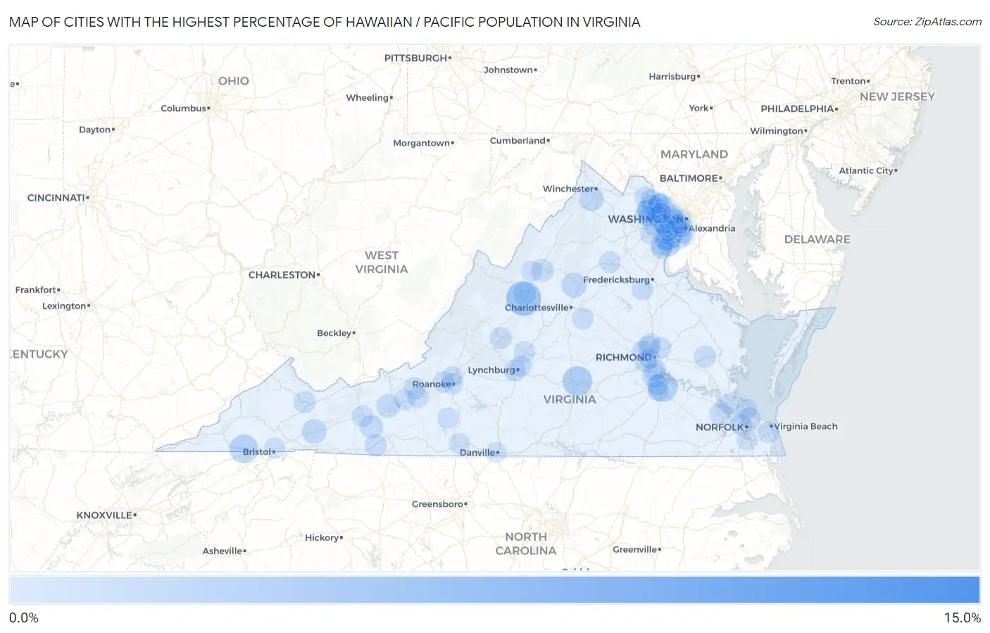 Cities with the Highest Percentage of Hawaiian / Pacific Population in Virginia Map