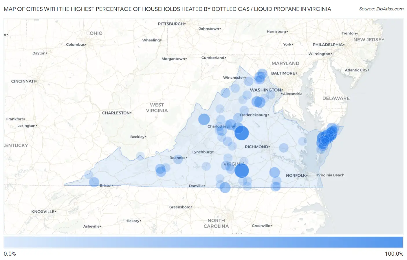 Cities with the Highest Percentage of Households Heated by Bottled Gas / Liquid Propane in Virginia Map