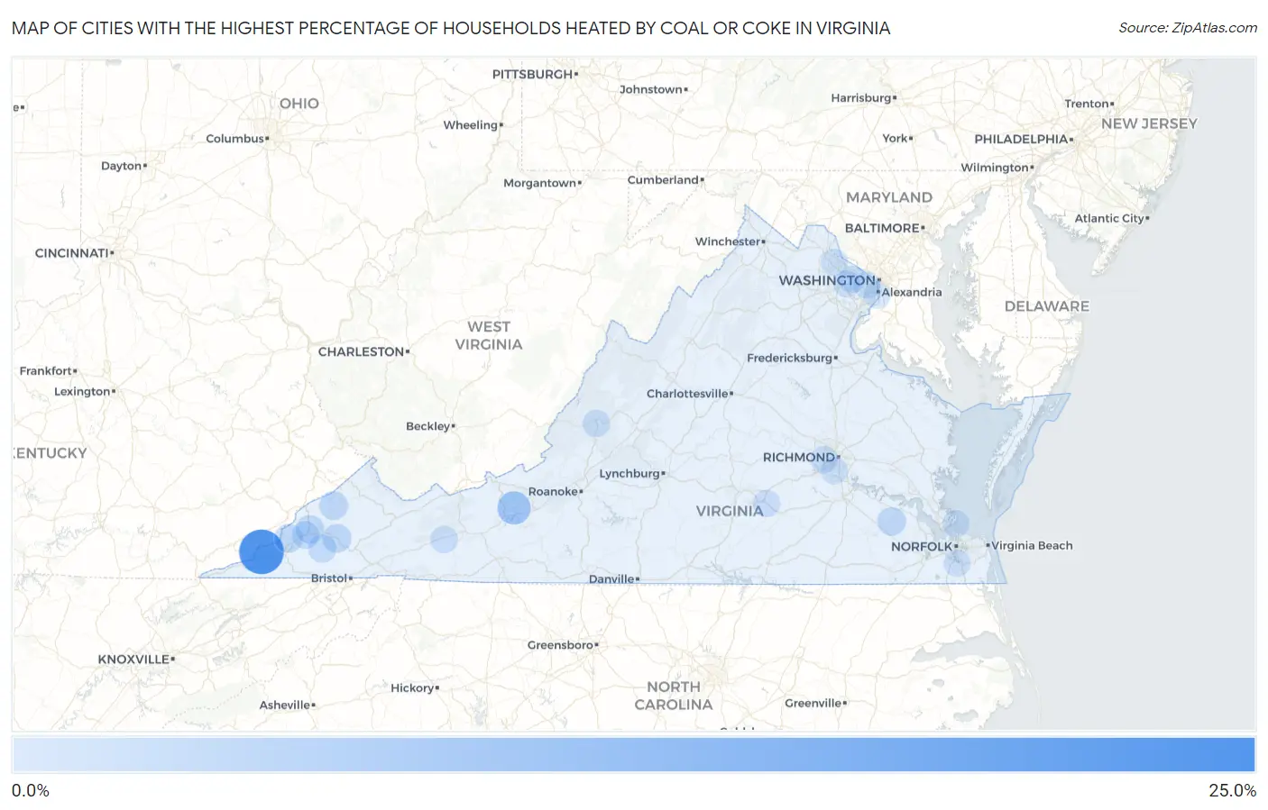 Cities with the Highest Percentage of Households Heated by Coal or Coke in Virginia Map