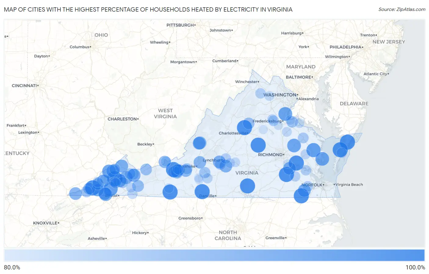Cities with the Highest Percentage of Households Heated by Electricity in Virginia Map