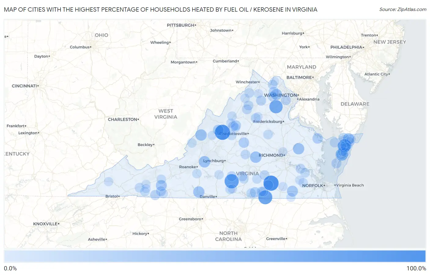 Cities with the Highest Percentage of Households Heated by Fuel Oil / Kerosene in Virginia Map