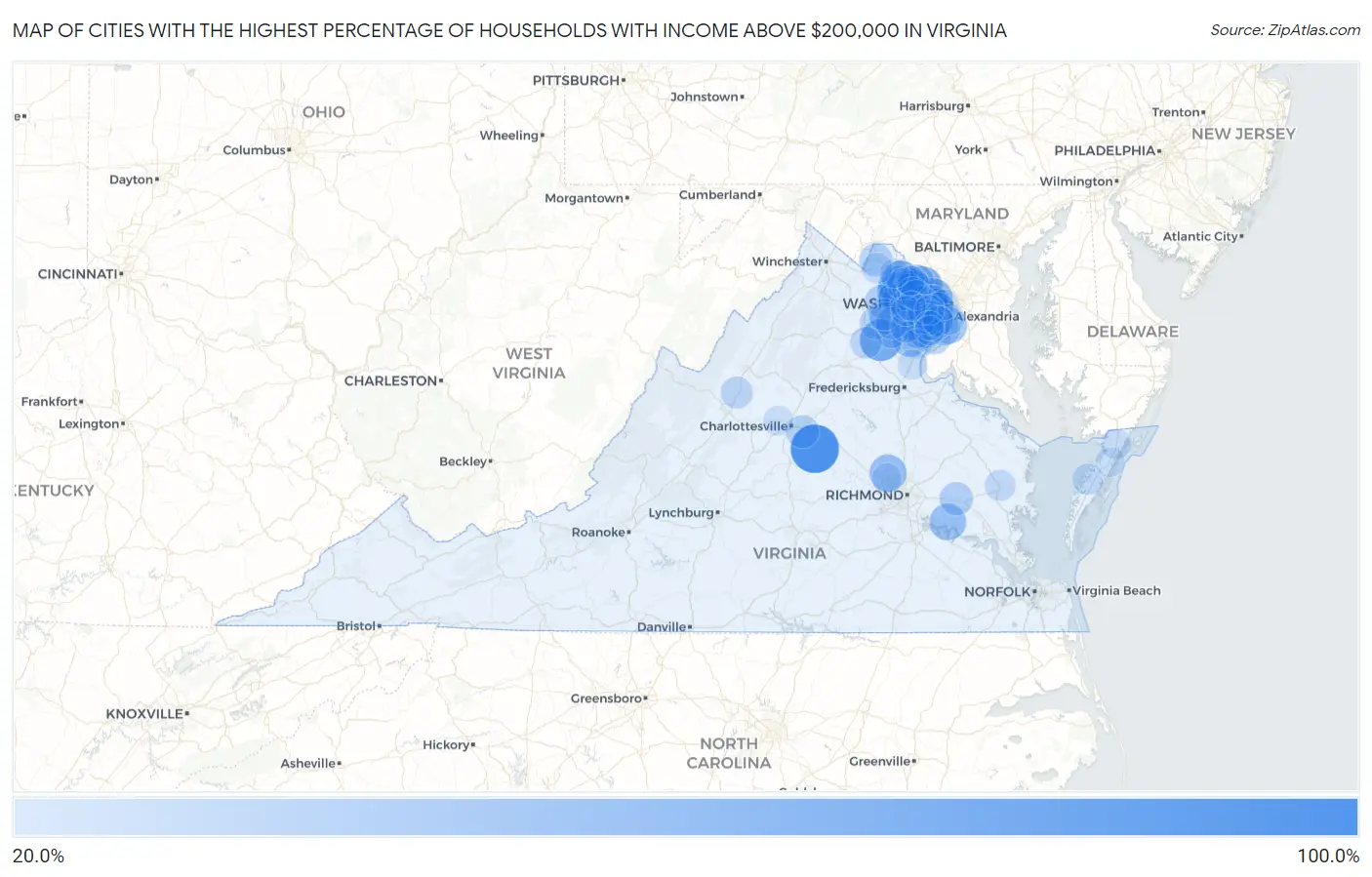 Cities with the Highest Percentage of Households with Income Above $200,000 in Virginia Map