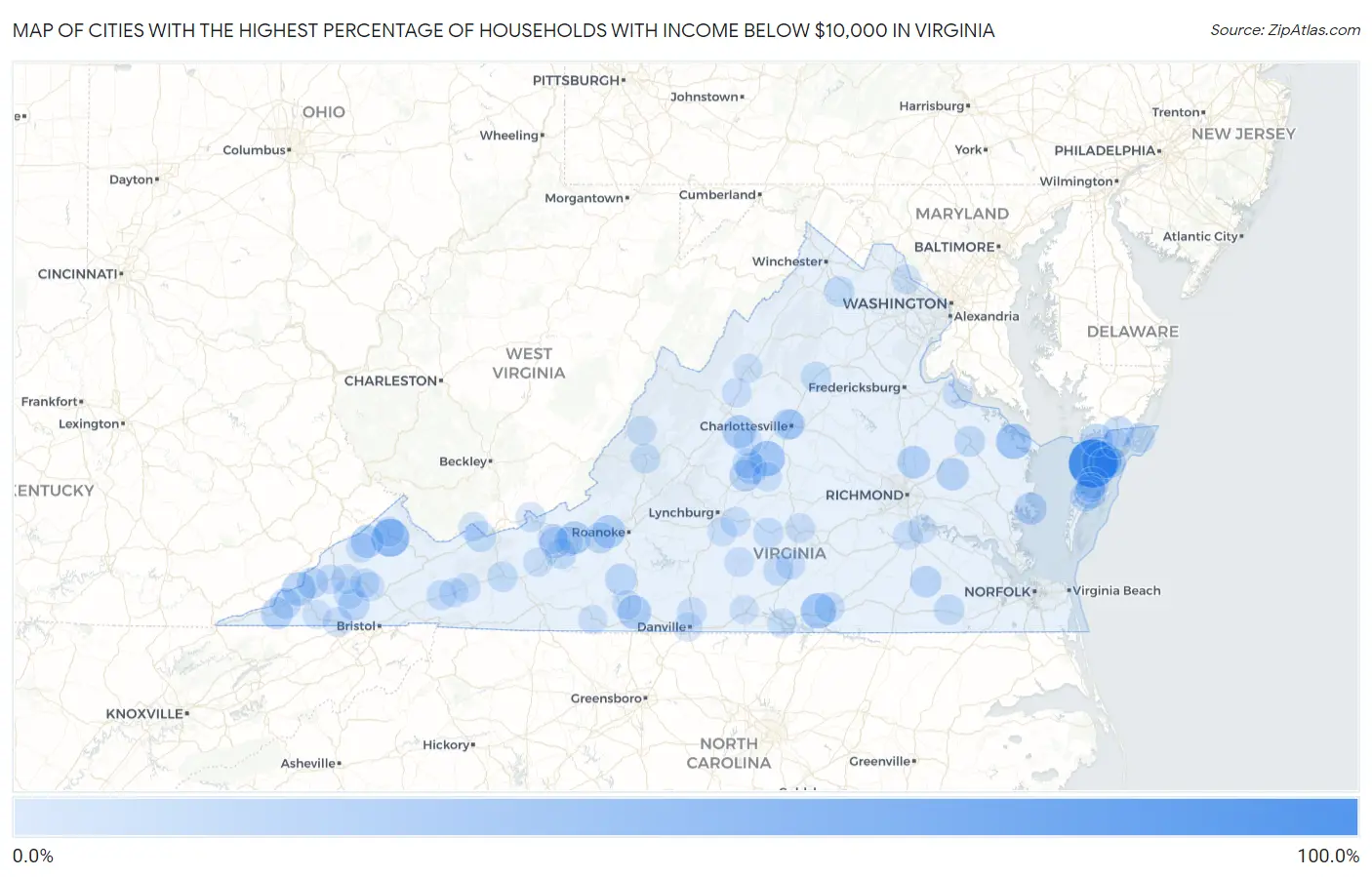 Cities with the Highest Percentage of Households with Income Below $10,000 in Virginia Map