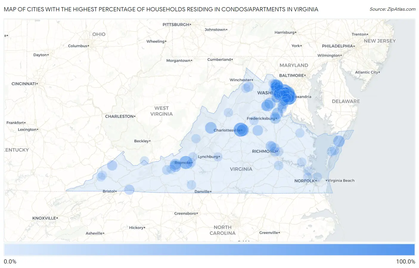 Cities with the Highest Percentage of Households Residing in Condos/Apartments in Virginia Map