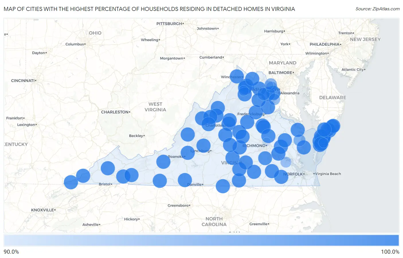 Cities with the Highest Percentage of Households Residing in Detached Homes in Virginia Map
