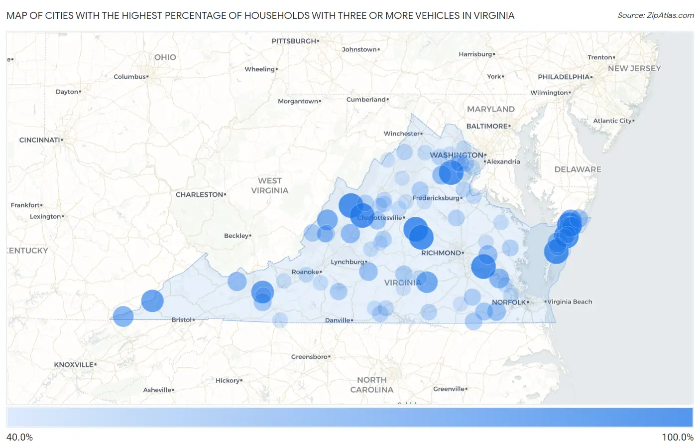 Cities with the Highest Percentage of Households With Three or more Vehicles in Virginia Map