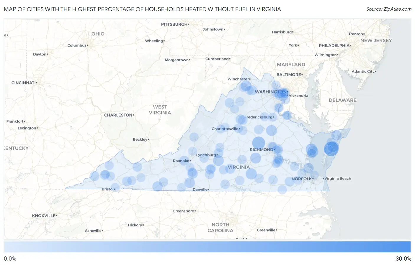 Cities with the Highest Percentage of Households Heated without Fuel in Virginia Map