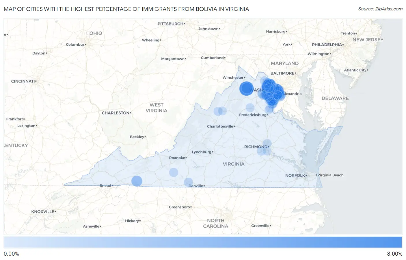 Cities with the Highest Percentage of Immigrants from Bolivia in Virginia Map