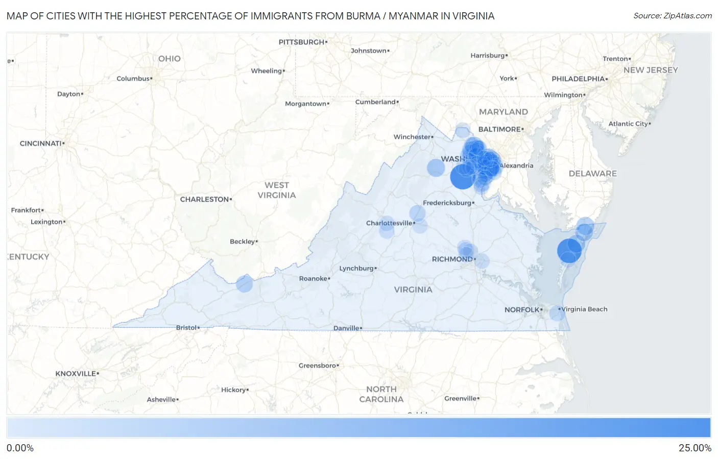 Cities with the Highest Percentage of Immigrants from Burma / Myanmar in Virginia Map