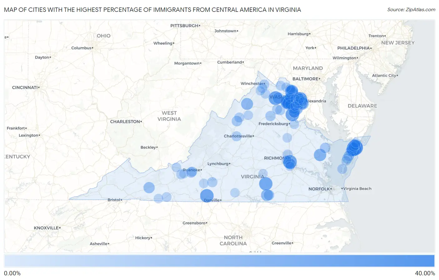 Cities with the Highest Percentage of Immigrants from Central America in Virginia Map
