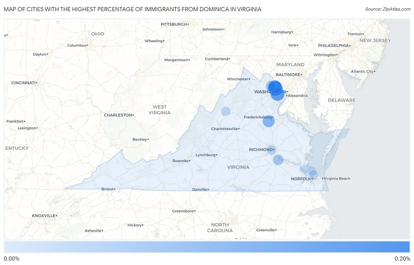 Cities with the Highest Percentage of Immigrants from Dominica in Virginia Map
