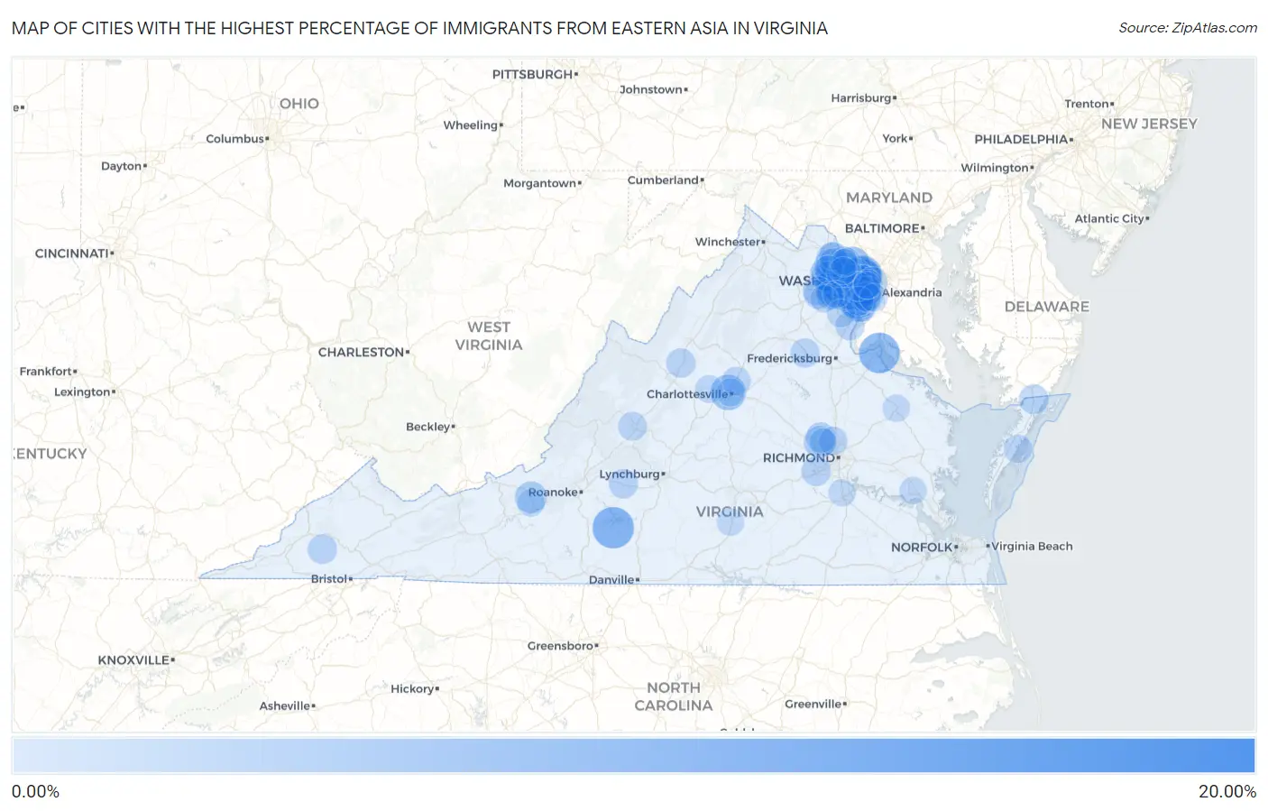 Cities with the Highest Percentage of Immigrants from Eastern Asia in Virginia Map