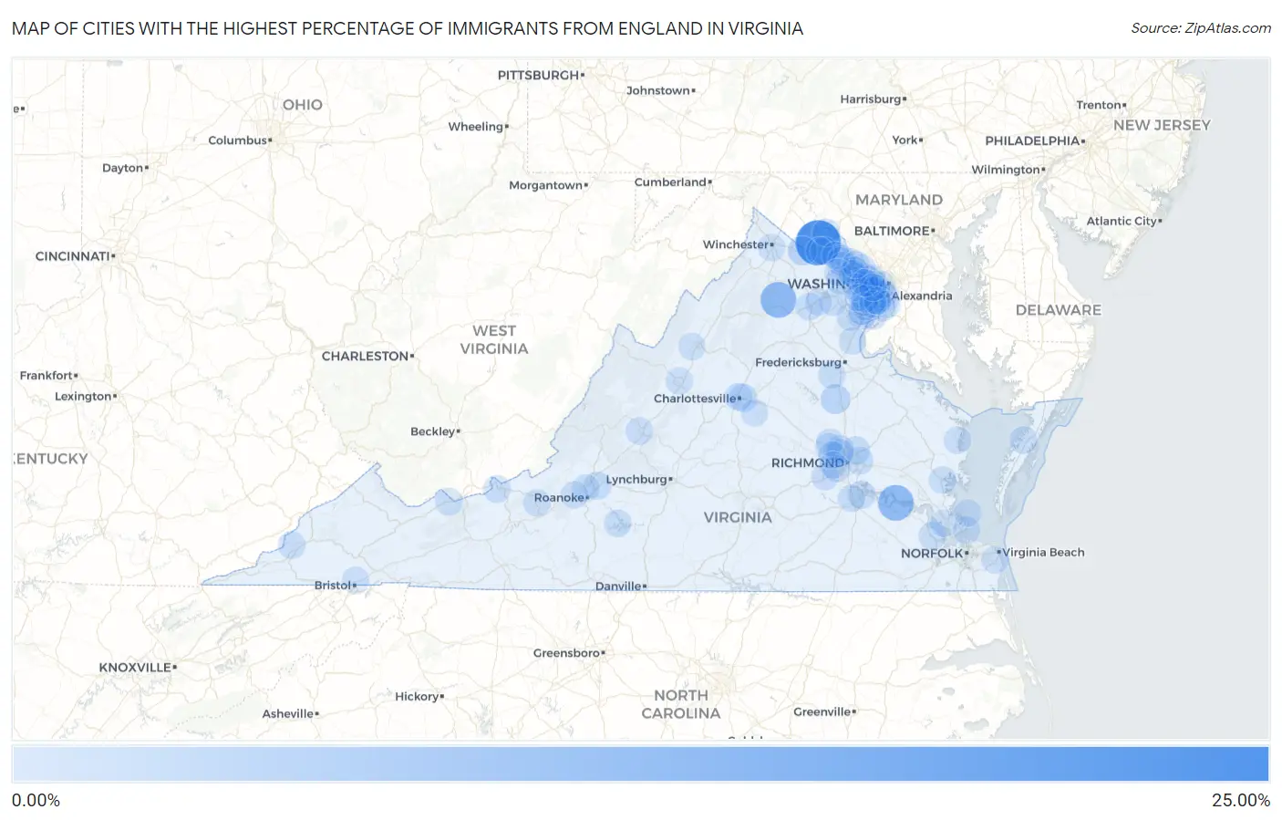 Cities with the Highest Percentage of Immigrants from England in Virginia Map