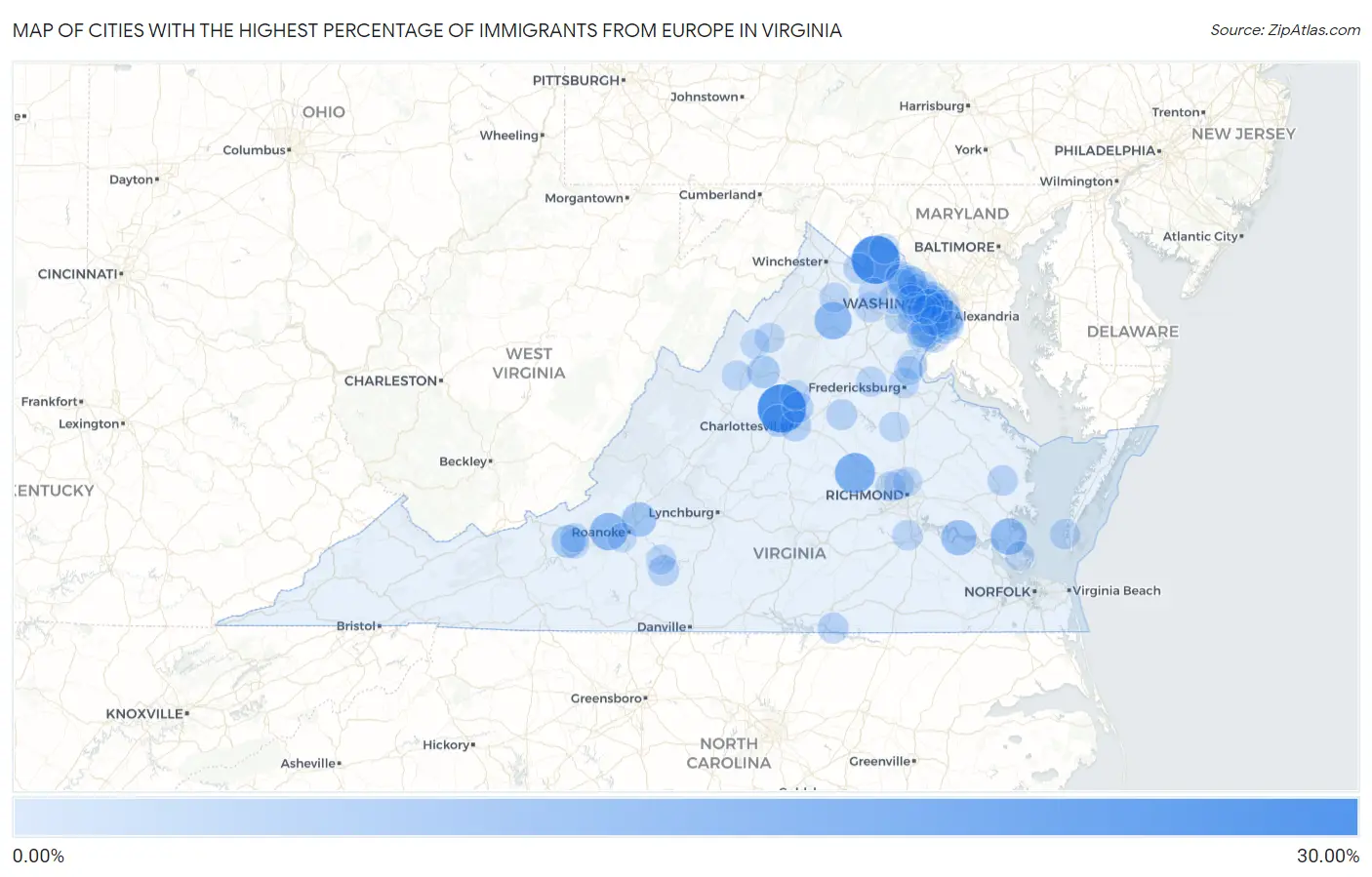 Cities with the Highest Percentage of Immigrants from Europe in Virginia Map