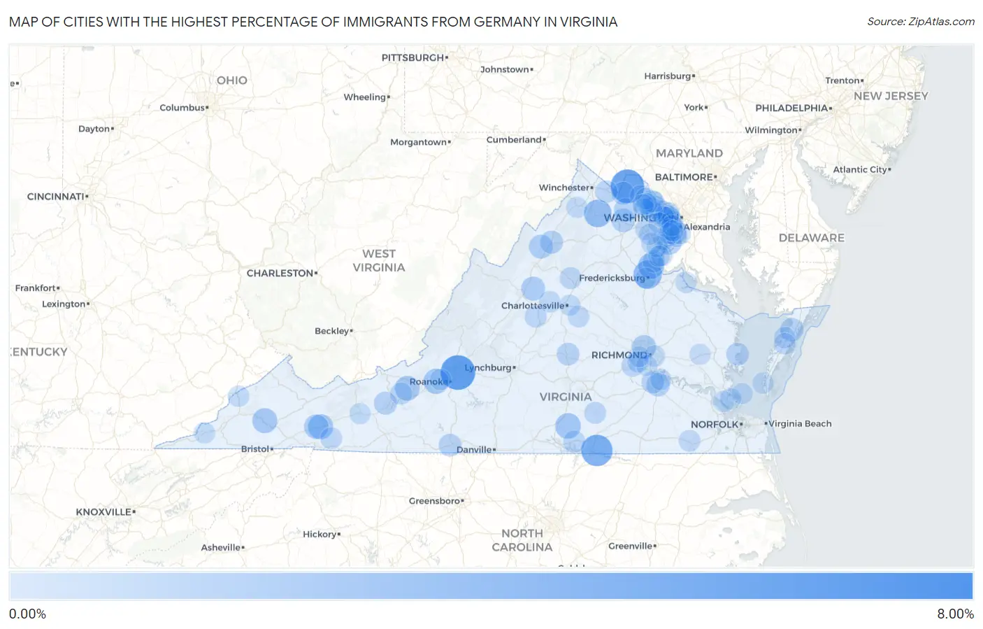 Cities with the Highest Percentage of Immigrants from Germany in Virginia Map