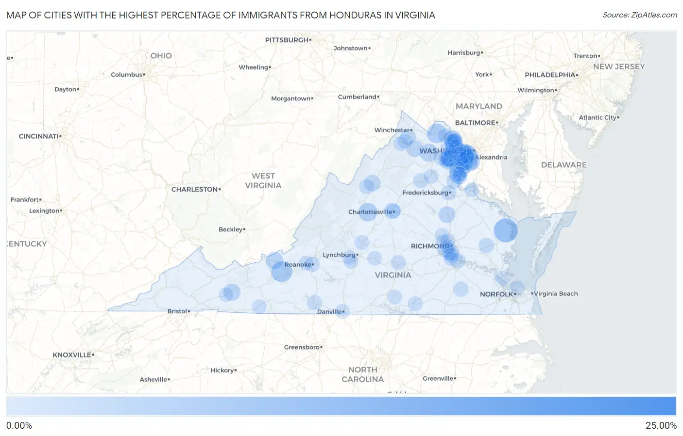 Cities with the Highest Percentage of Immigrants from Honduras in Virginia Map