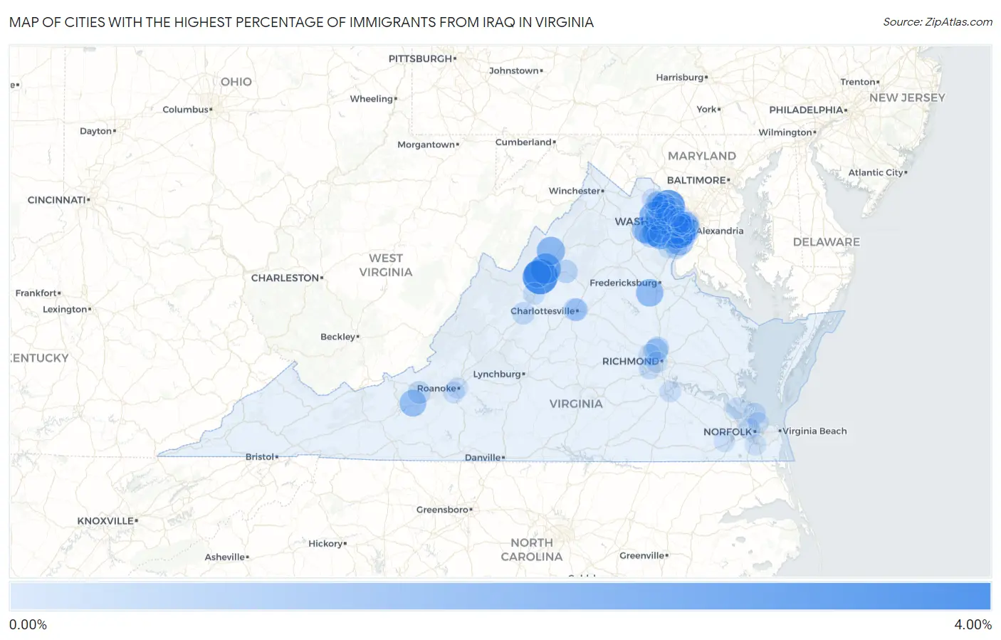 Cities with the Highest Percentage of Immigrants from Iraq in Virginia Map