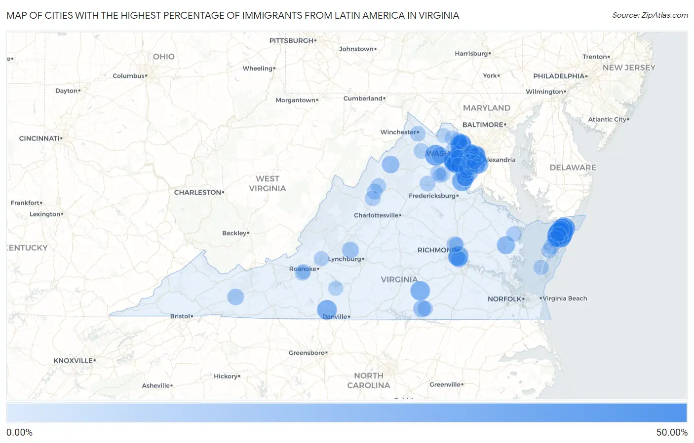 Cities with the Highest Percentage of Immigrants from Latin America in Virginia Map