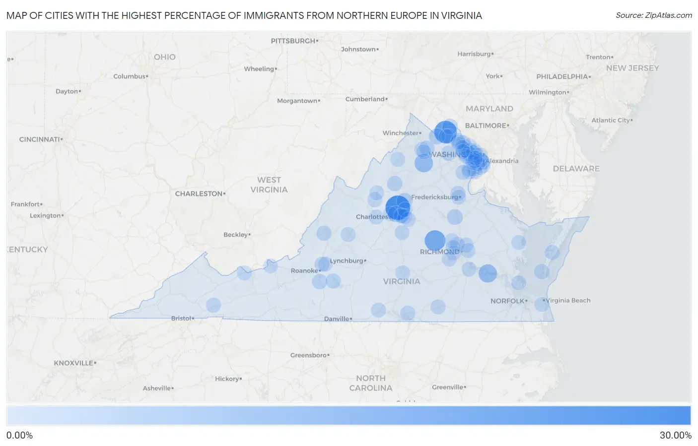 Cities with the Highest Percentage of Immigrants from Northern Europe in Virginia Map