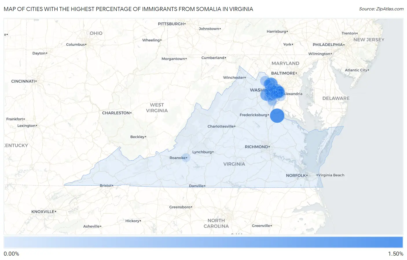 Cities with the Highest Percentage of Immigrants from Somalia in Virginia Map