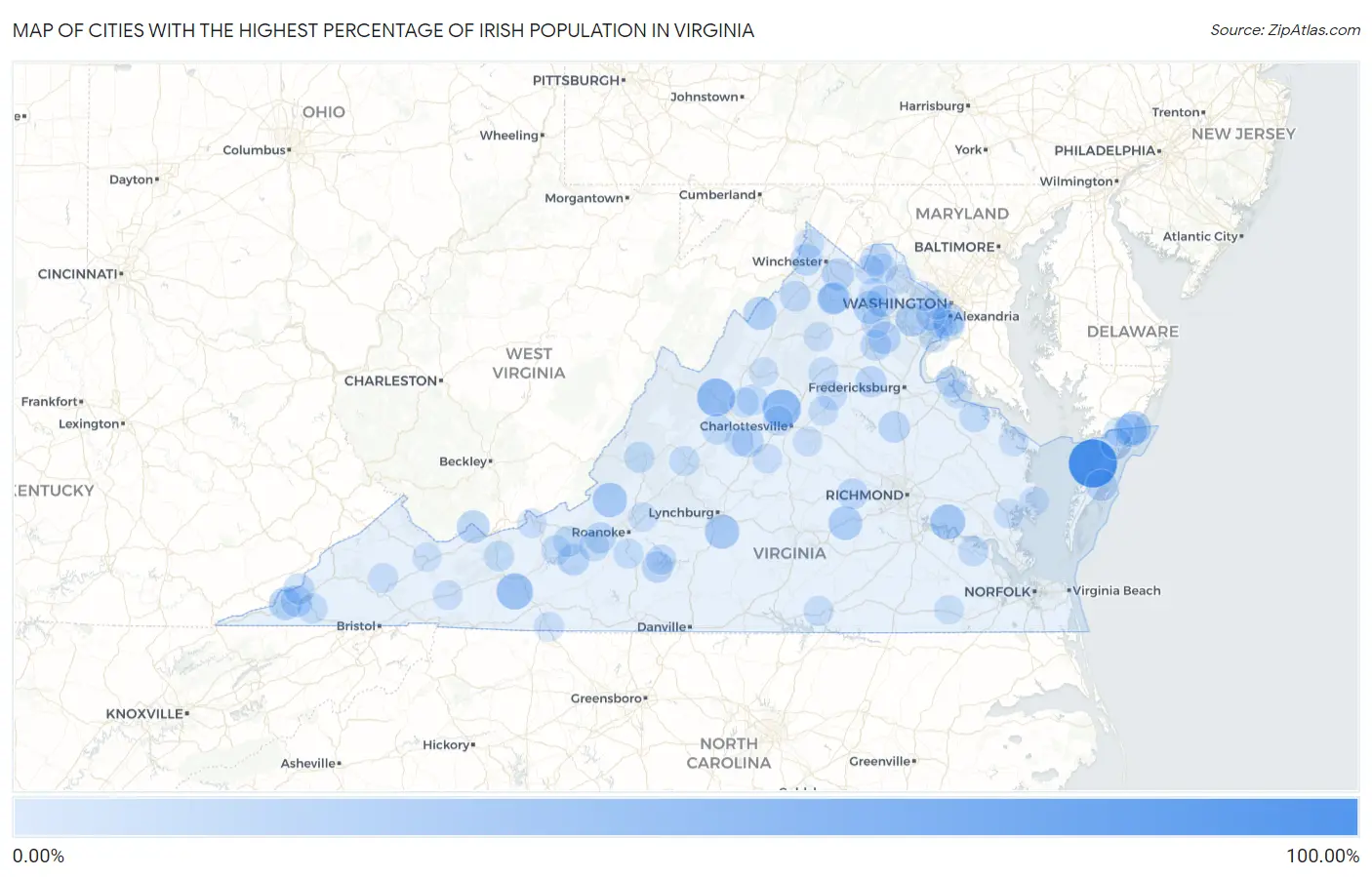 Cities with the Highest Percentage of Irish Population in Virginia Map