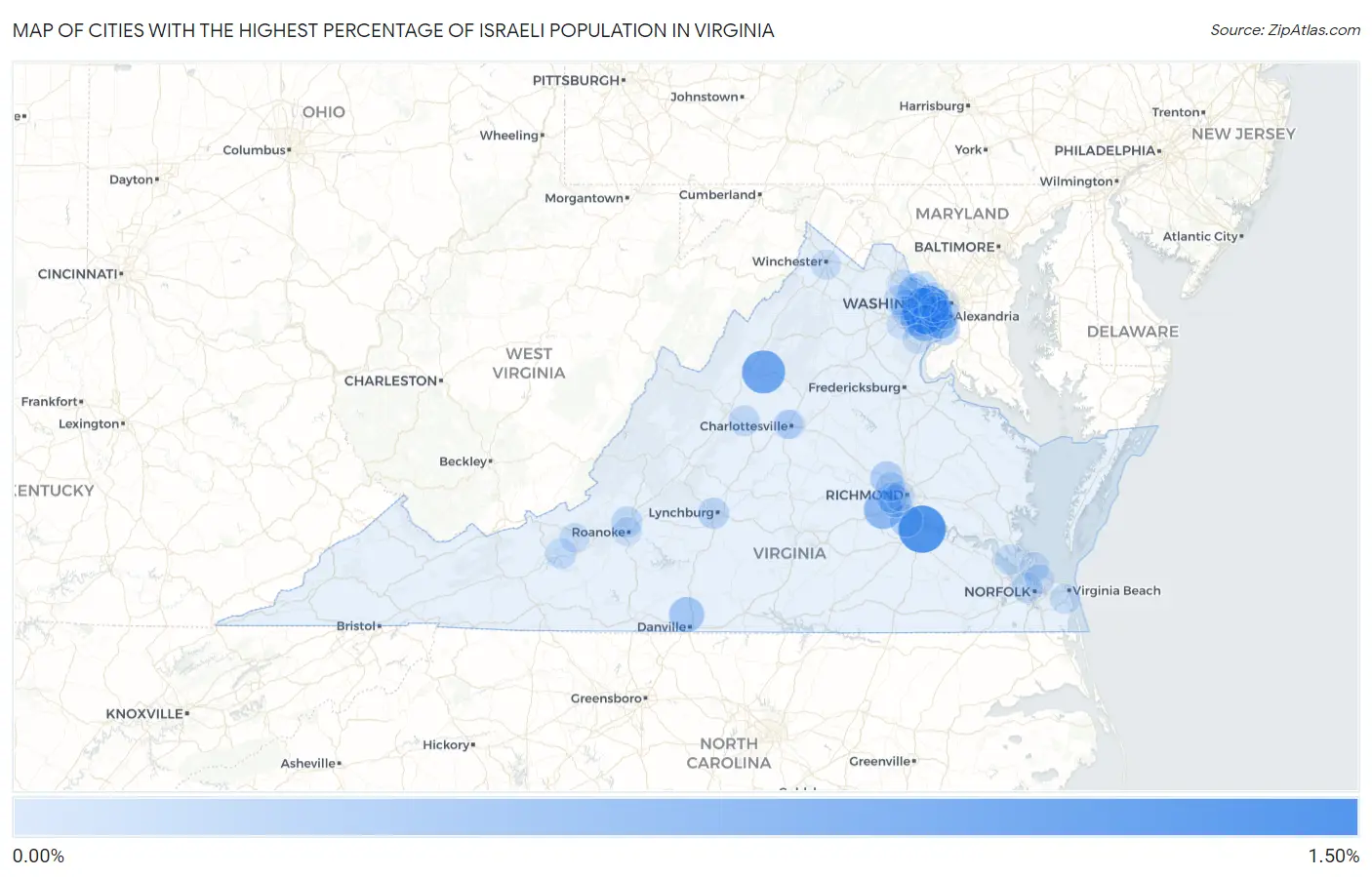 Cities with the Highest Percentage of Israeli Population in Virginia Map
