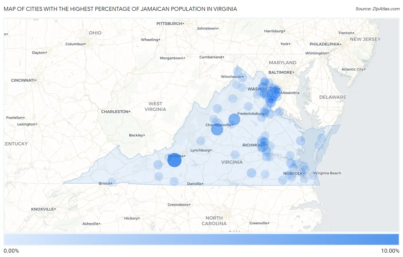 Cities with the Highest Percentage of Jamaican Population in Virginia Map