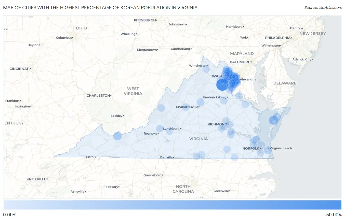 Cities with the Highest Percentage of Korean Population in Virginia Map