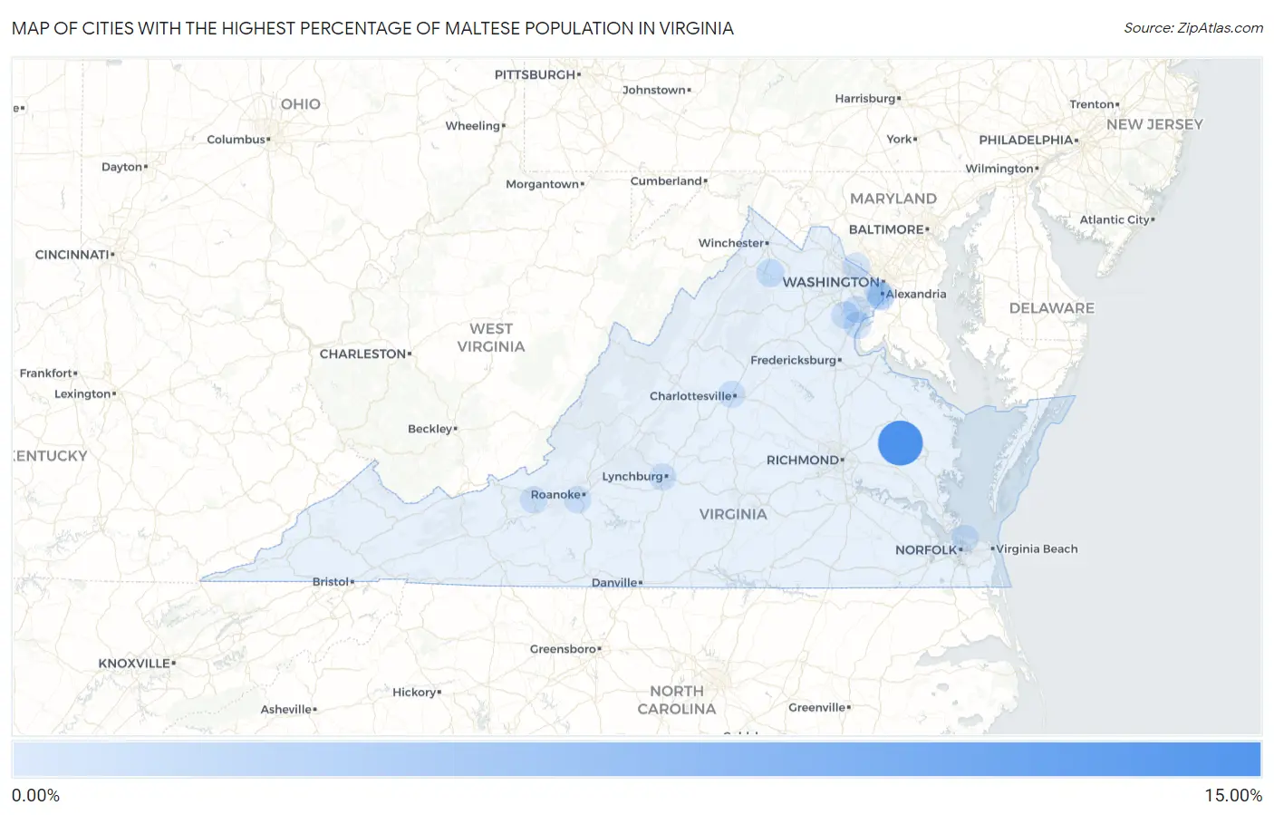 Cities with the Highest Percentage of Maltese Population in Virginia Map