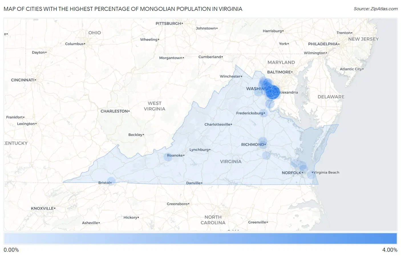 Cities with the Highest Percentage of Mongolian Population in Virginia Map