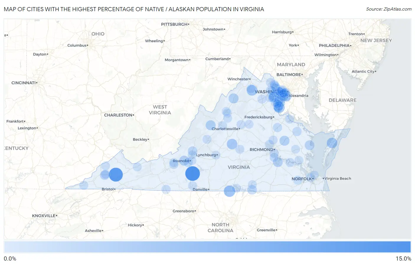 Cities with the Highest Percentage of Native / Alaskan Population in Virginia Map