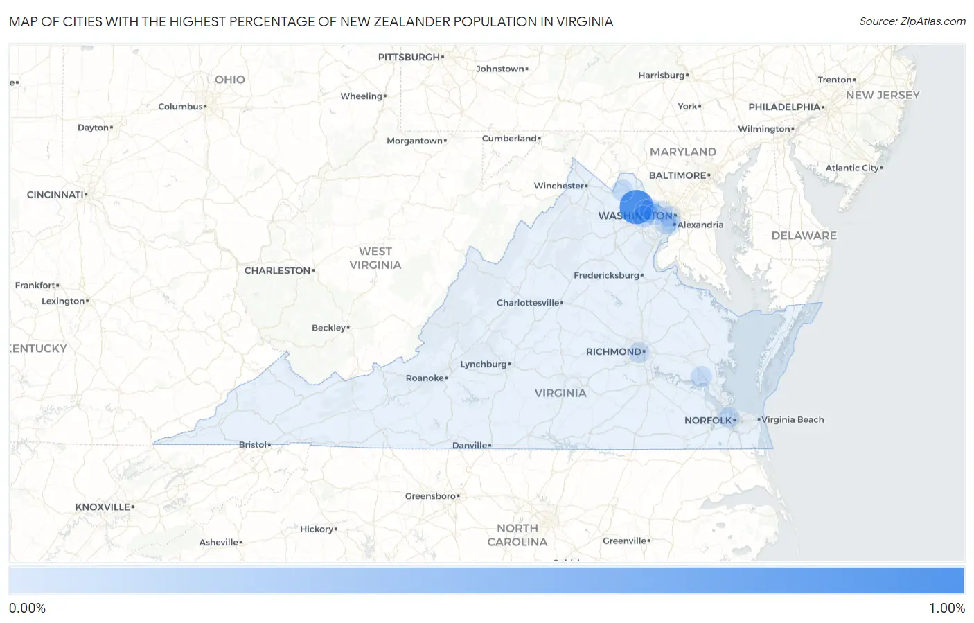 Cities with the Highest Percentage of New Zealander Population in Virginia Map