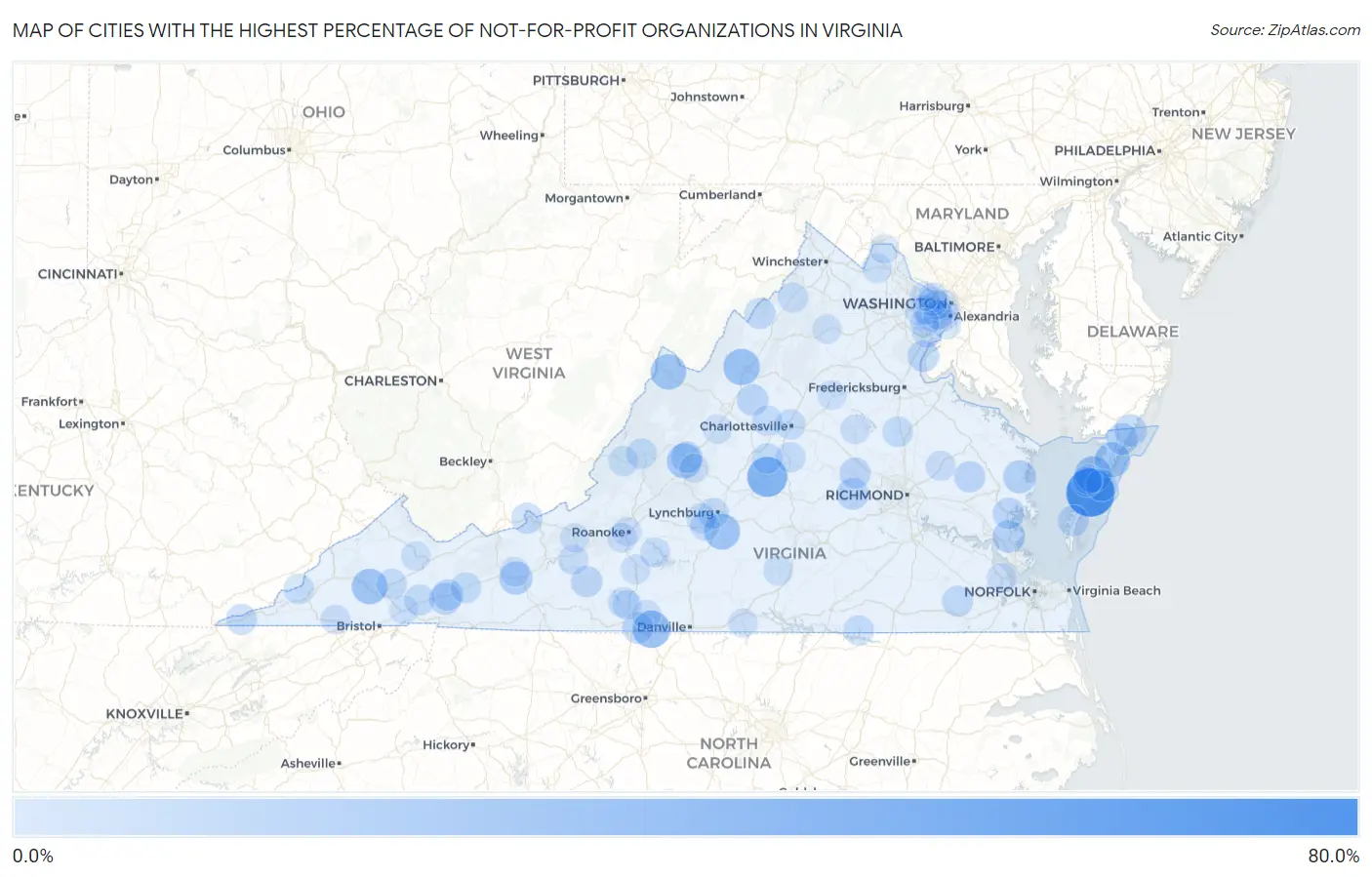 Cities with the Highest Percentage of Not-for-profit Organizations in Virginia Map