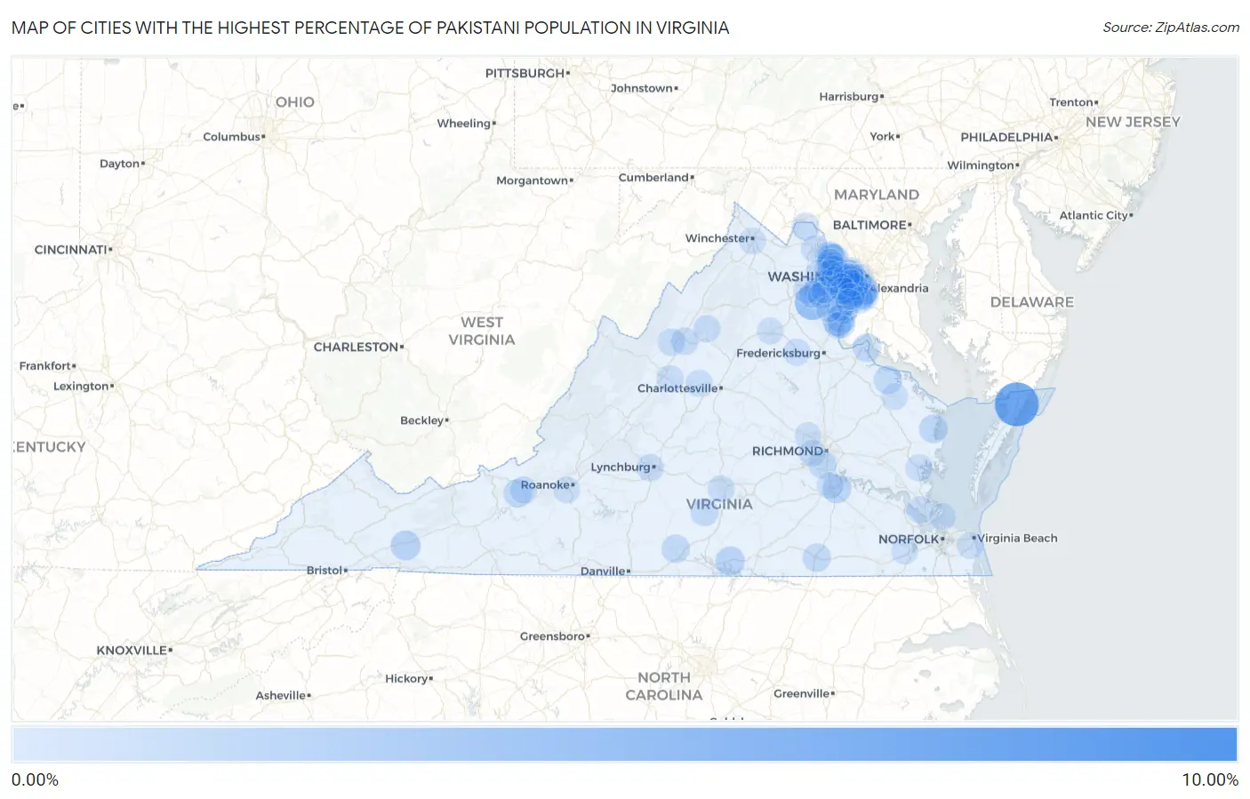 Cities with the Highest Percentage of Pakistani Population in Virginia Map