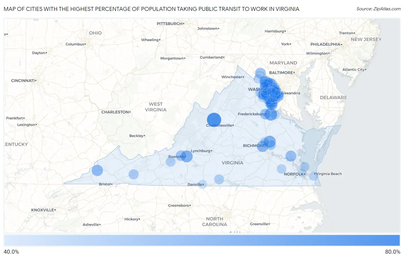 Cities with the Highest Percentage of Population Taking Public Transit to Work in Virginia Map