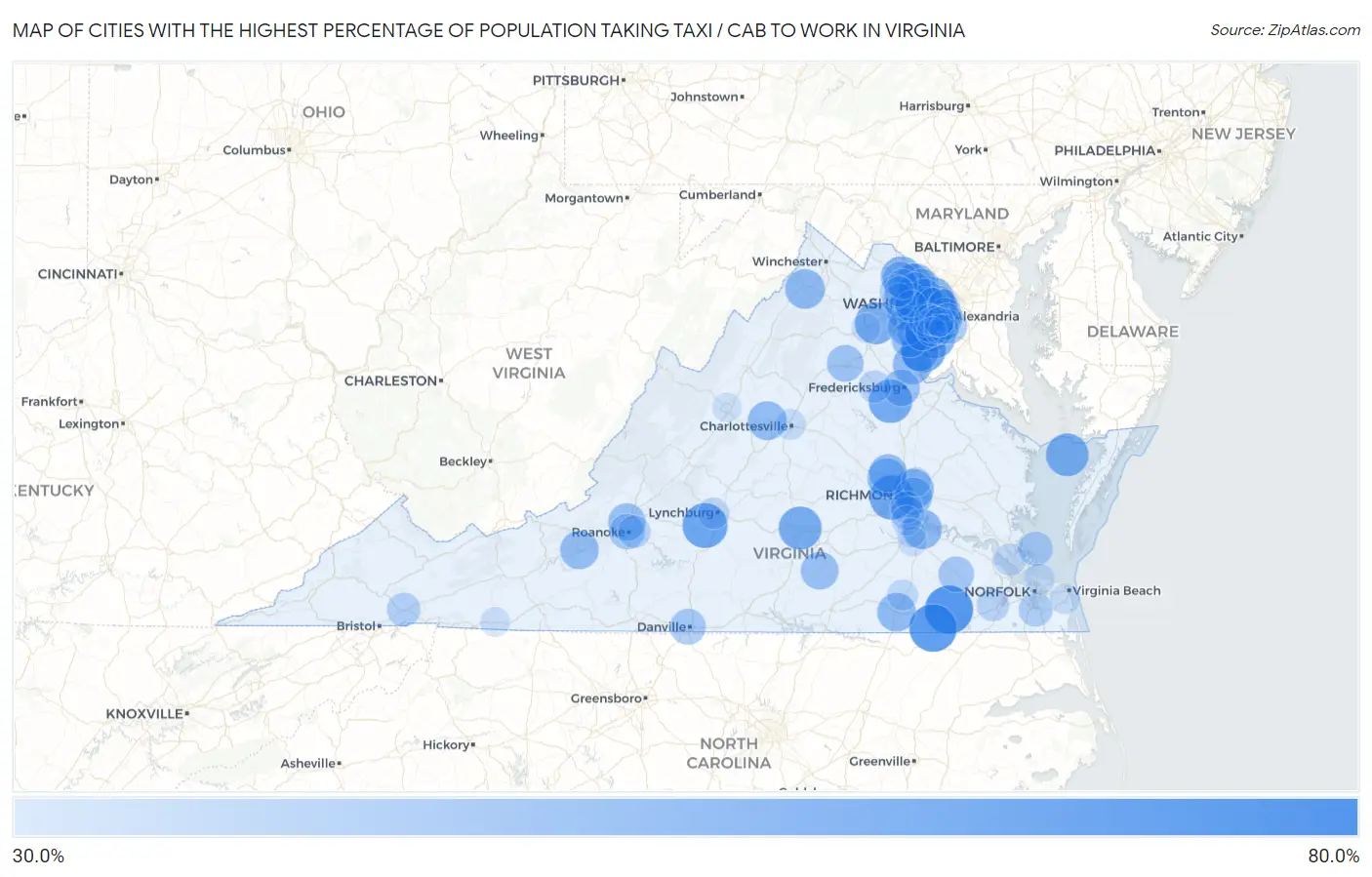 Cities with the Highest Percentage of Population Taking Taxi / Cab to Work in Virginia Map