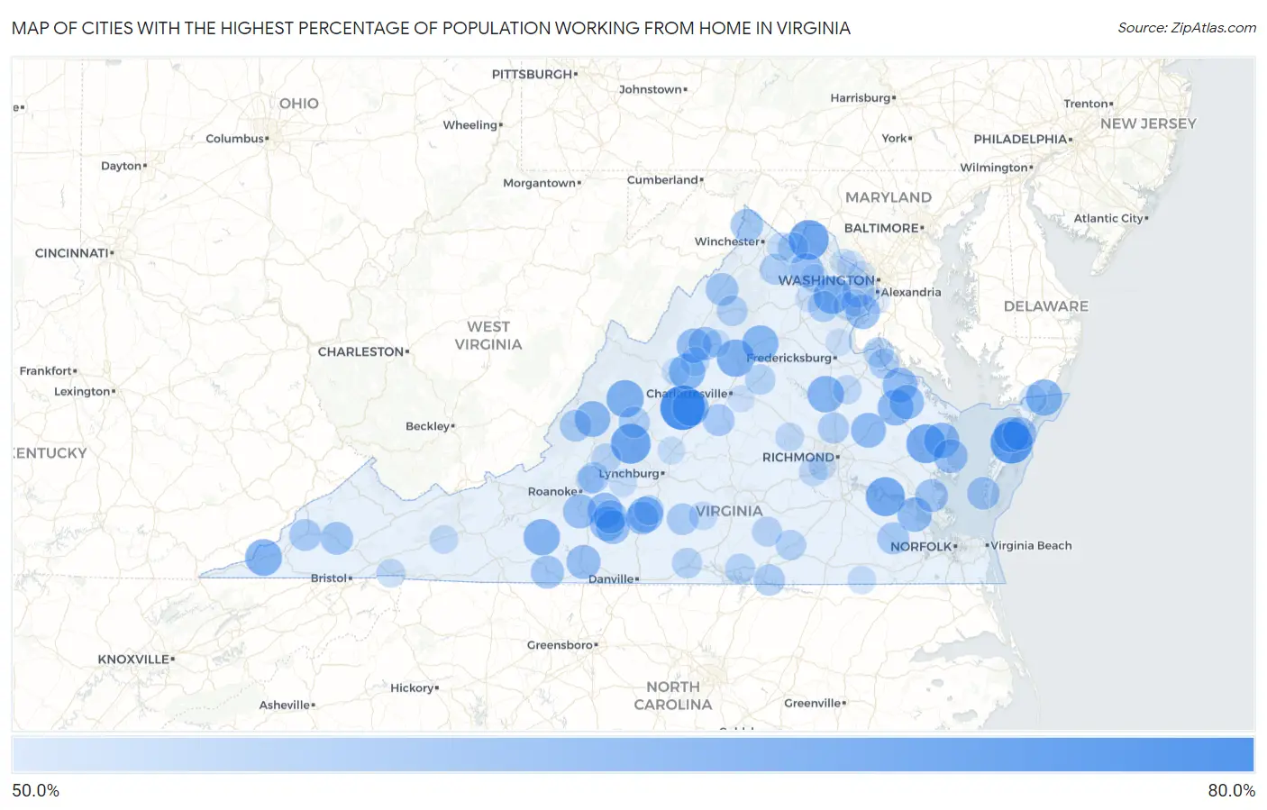 Cities with the Highest Percentage of Population Working from Home in Virginia Map