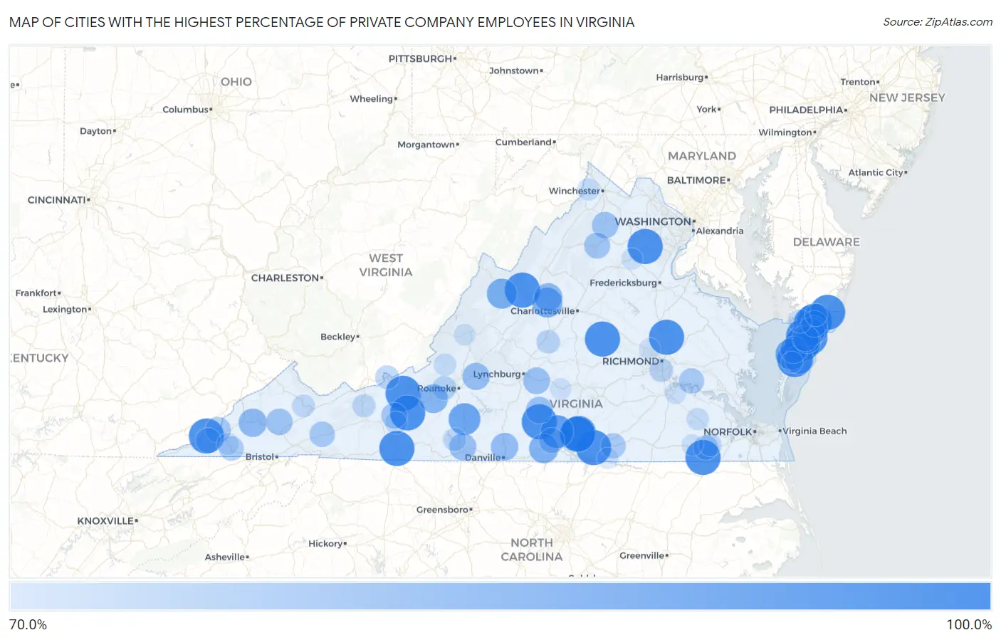 Cities with the Highest Percentage of Private Company Employees in Virginia Map