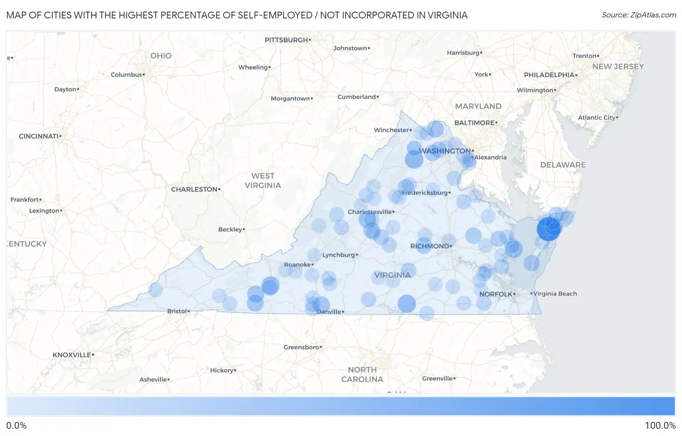 Cities with the Highest Percentage of Self-Employed / Not Incorporated in Virginia Map